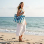 Sun, Sand & Stripes: Ριγέ Τσάντα Παραλίας με Δώρο Πορτοφολάκι, Γαλάζιο Ριγέ - HB-4138 - Image 2