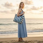 Sun, Sand & Stripes: Ριγέ Τσάντα Παραλίας με Δώρο Πορτοφολάκι, Μπλε Ριγέ - HB-4141 - Image 2