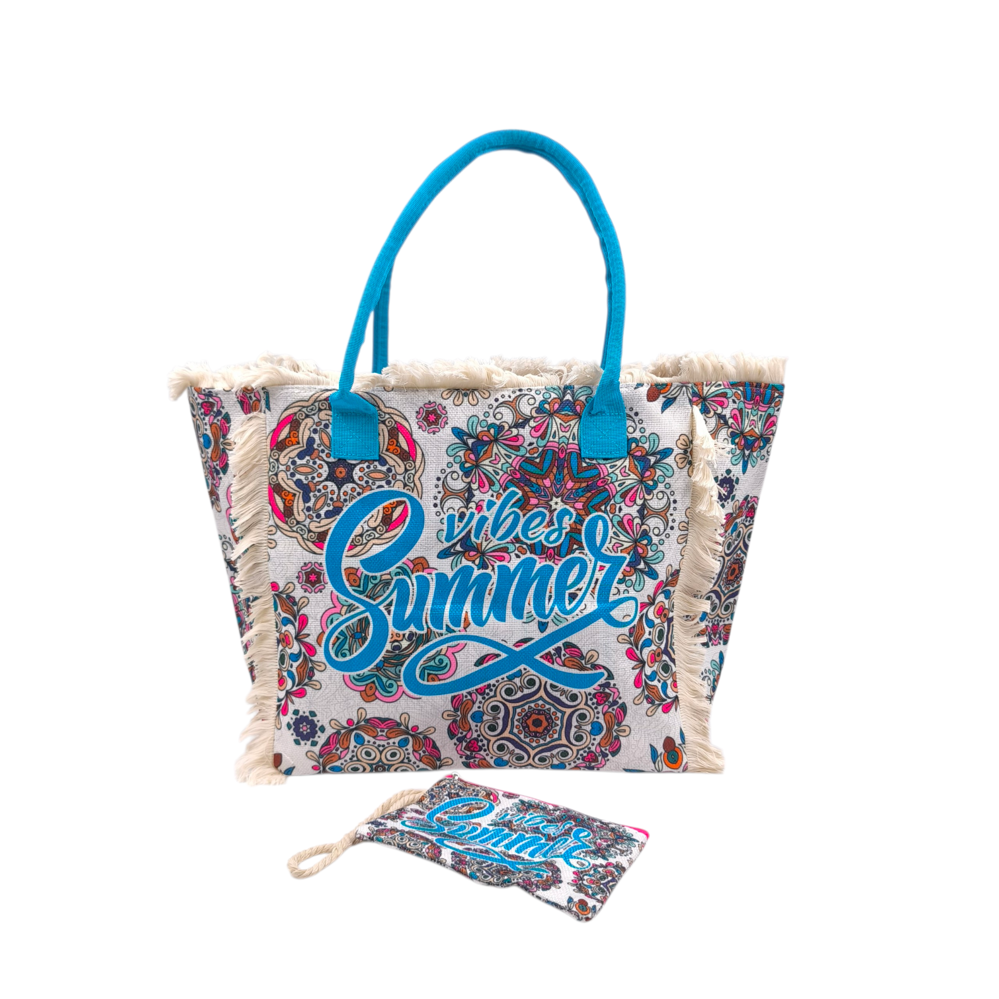 HB-4147-1 Boho Summer Vibes: Σετ Τσάντα με Πορτοφολάκι με Mandala Μοτίβα, Πολύχρωμο Γαλάζιο - HB-4147 - Image 1
