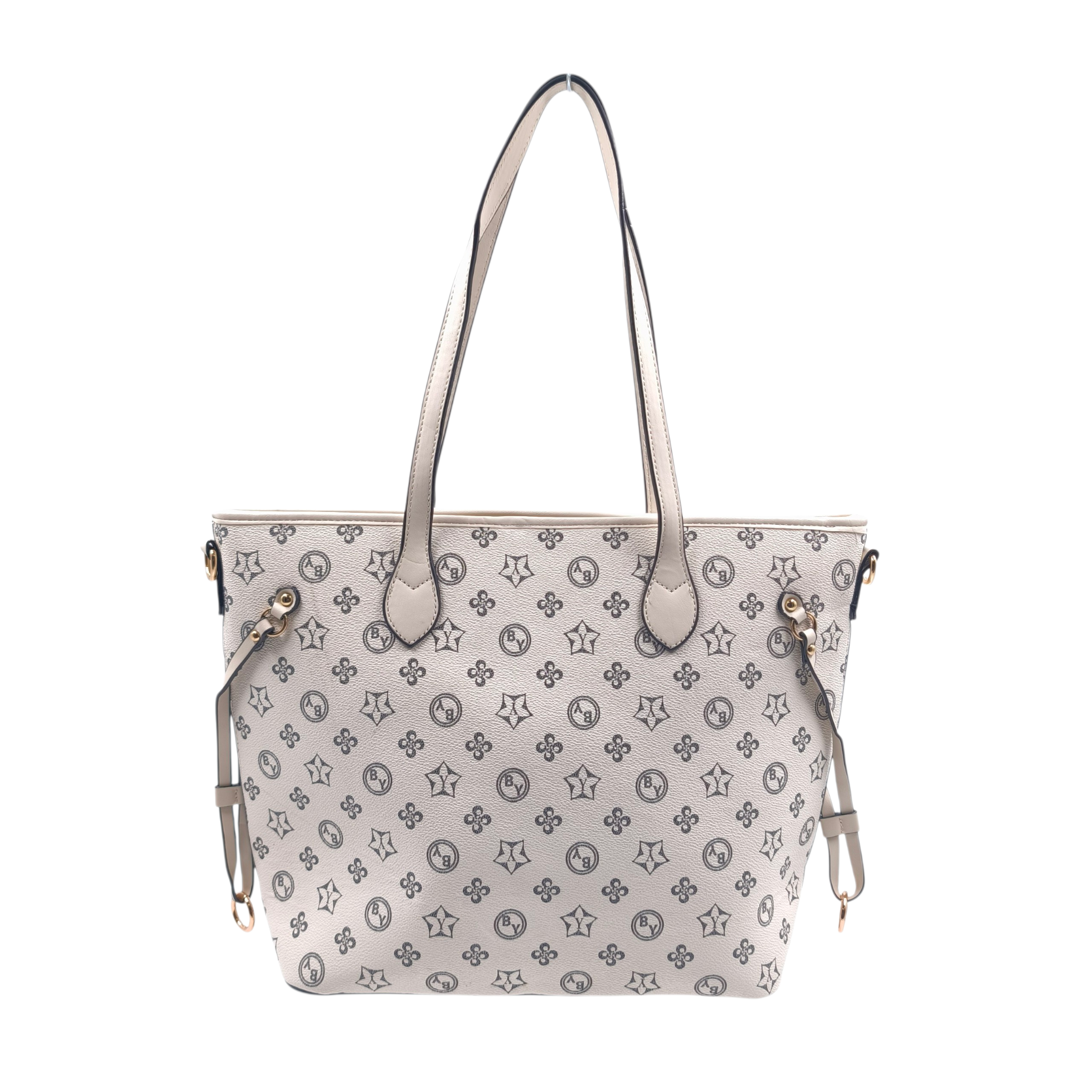 HB-4153-1 Pixel Perfect: Ευρύχωρη tote τσάντα με γεωμετρικό print και θήκες οργάνωσης, Μπεζ - HB-4153 - Image 1