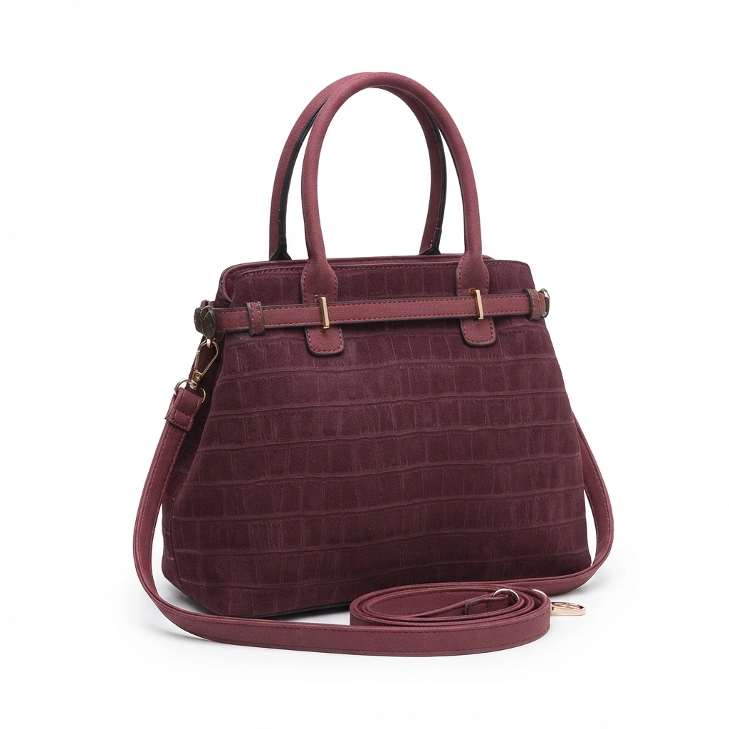 HB-4174-1 Diana: Casual chic τσάντα χειρός και ώμου με κροκό σουέντ υφή, διακοσμητική ζώνη και χιαστί λουράκι, Μπορντό - HB-4174 - Image 1