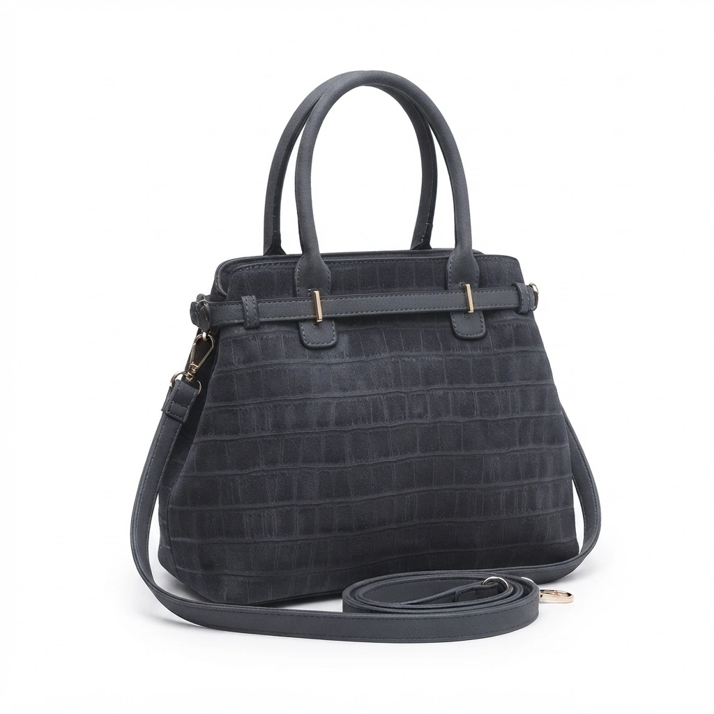 HB-4175-1 Diana: Casual chic τσάντα χειρός και ώμου με κροκό σουέντ υφή, διακοσμητική ζώνη και χιαστί λουράκι, Γκρι - HB-4175 - Image 1