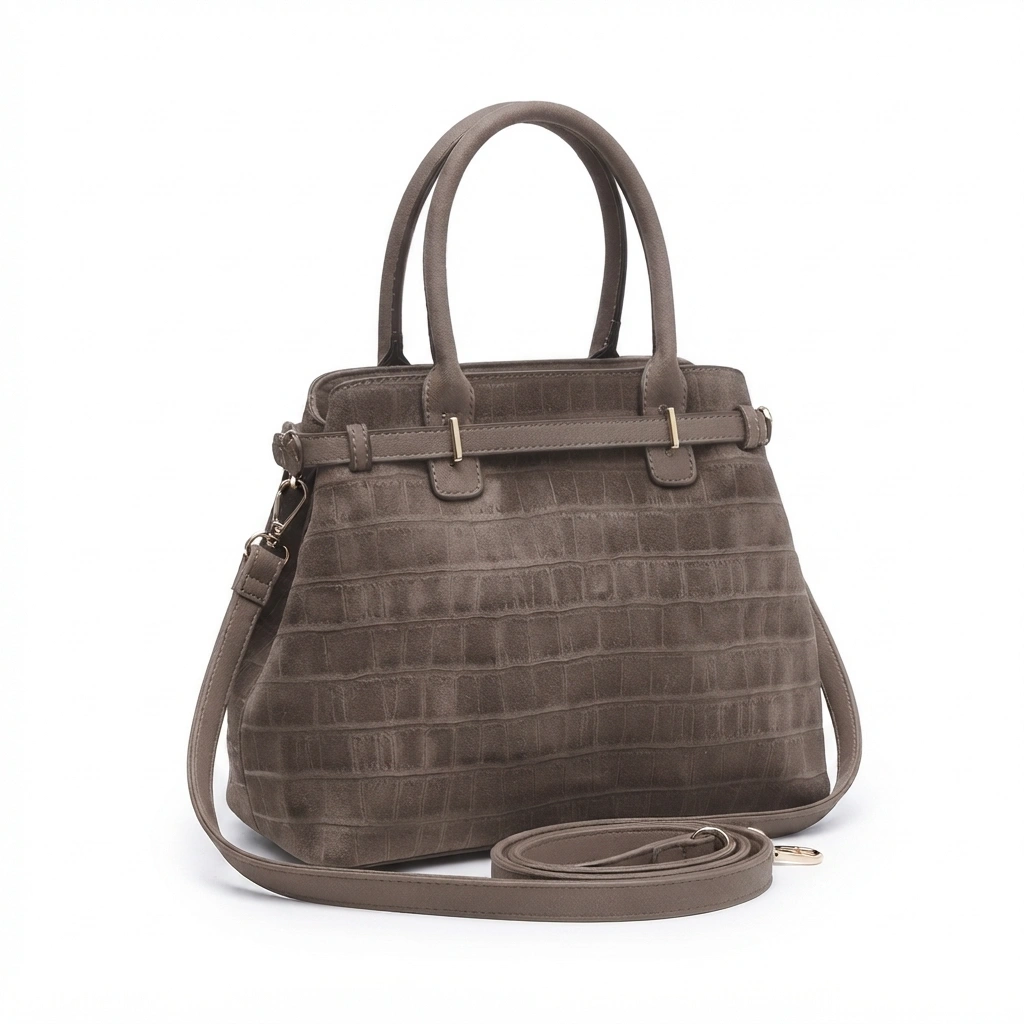 HB-4176-1 Diana: Casual chic τσάντα χειρός και ώμου με κροκό σουέντ υφή, διακοσμητική ζώνη και χιαστί λουράκι, Πούρο - HB-4176 - Image 1