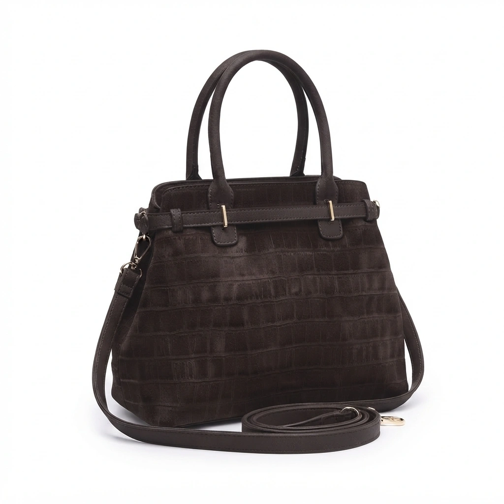HB-4178-1 Diana: Casual chic τσάντα χειρός και ώμου με κροκό σουέντ υφή, διακοσμητική ζώνη και χιαστί λουράκι, Σκούρο Καφέ - HB-4178 - Image 1