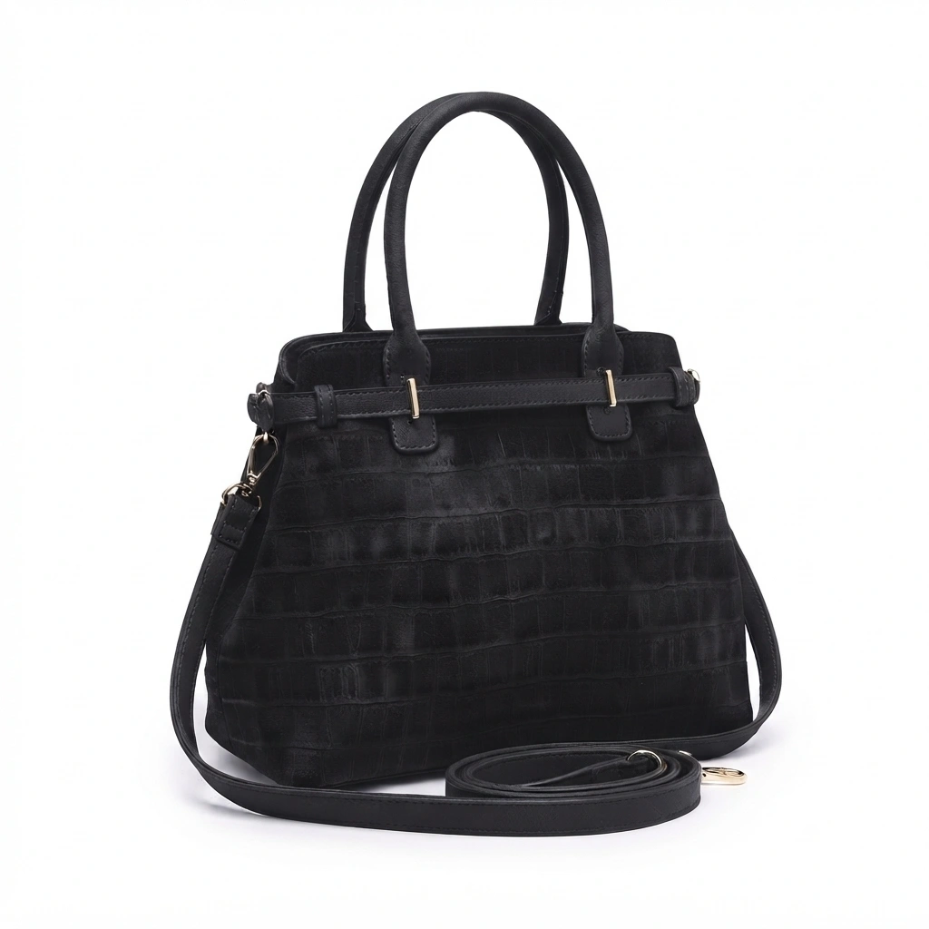 HB-4179-1 Diana: Casual chic τσάντα χειρός και ώμου με κροκό σουέντ υφή, διακοσμητική ζώνη και χιαστί λουράκι, Μαύρο - HB-4179 - Image 1
