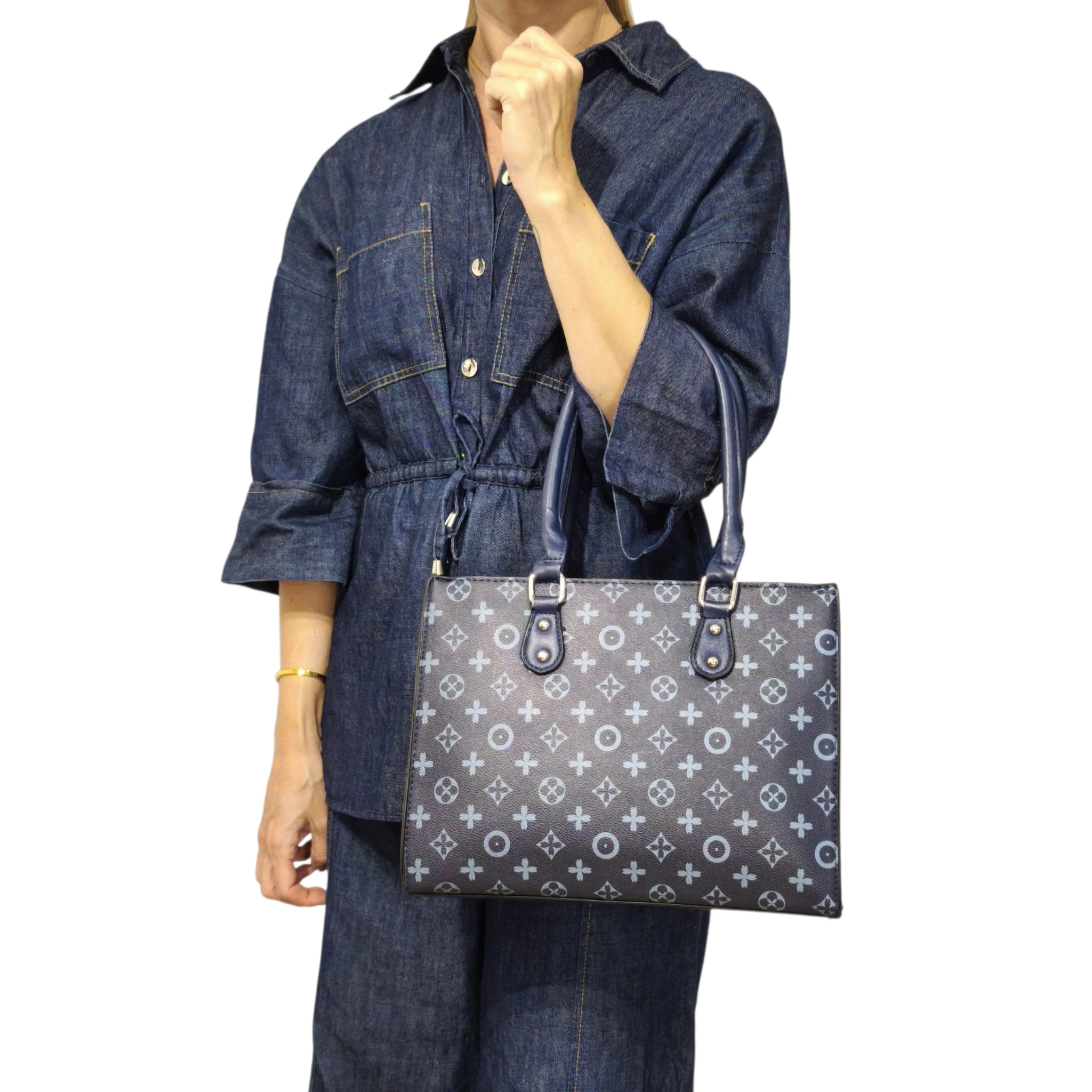 HB-4181-2 Merano: Fashion τσάντα tote με print υψηλής ποιότητας, σταθερή δομή και λουράκι χιαστί, Μπλε - HB-4181 - Image 1