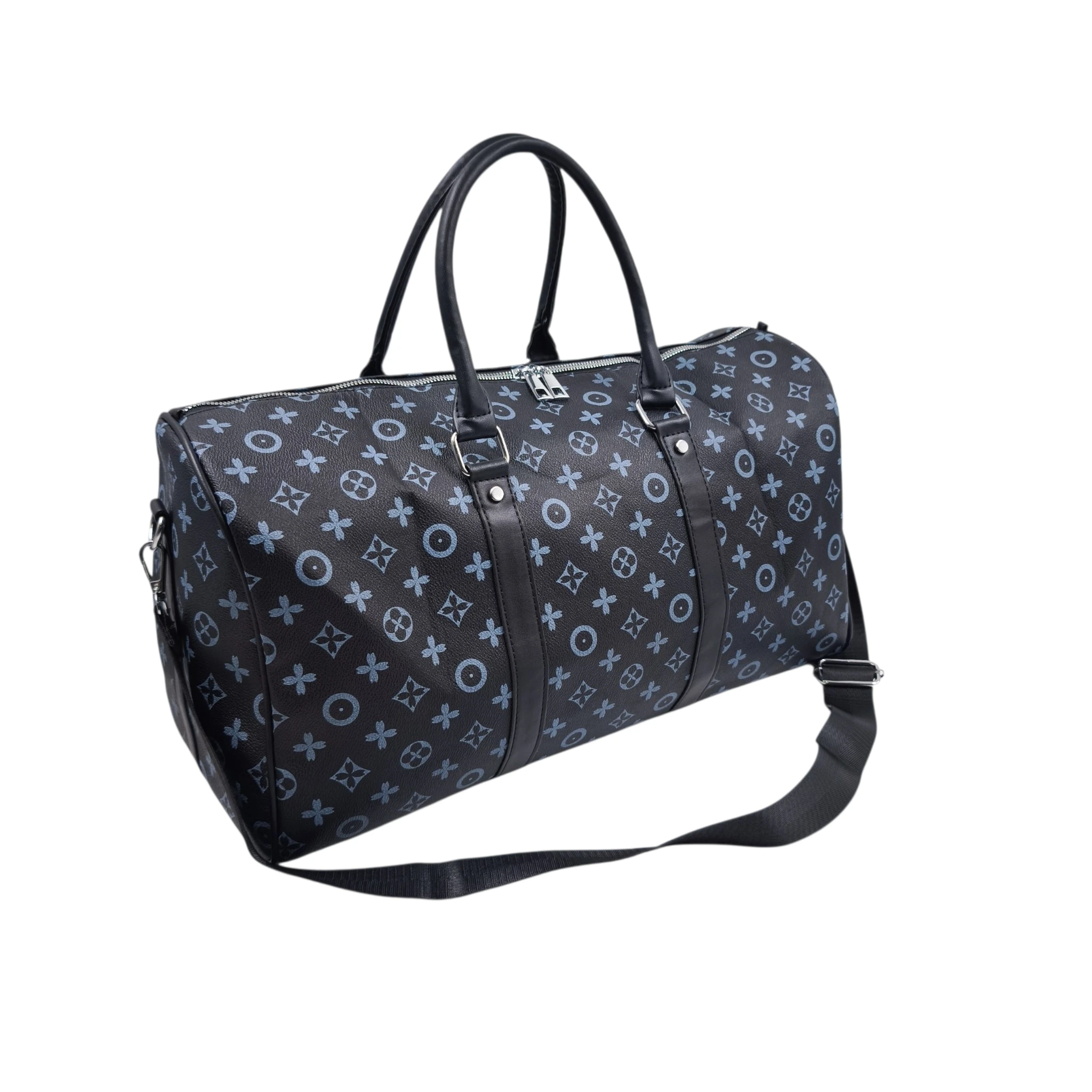 HB-4186-1 Portofino Grande: Weekend bag με κλασικό print, λαβές από τεχνόδερμα και ρυθμιζόμενο λουρί ώμου, Μαύρο - HB-4186 - Image 1
