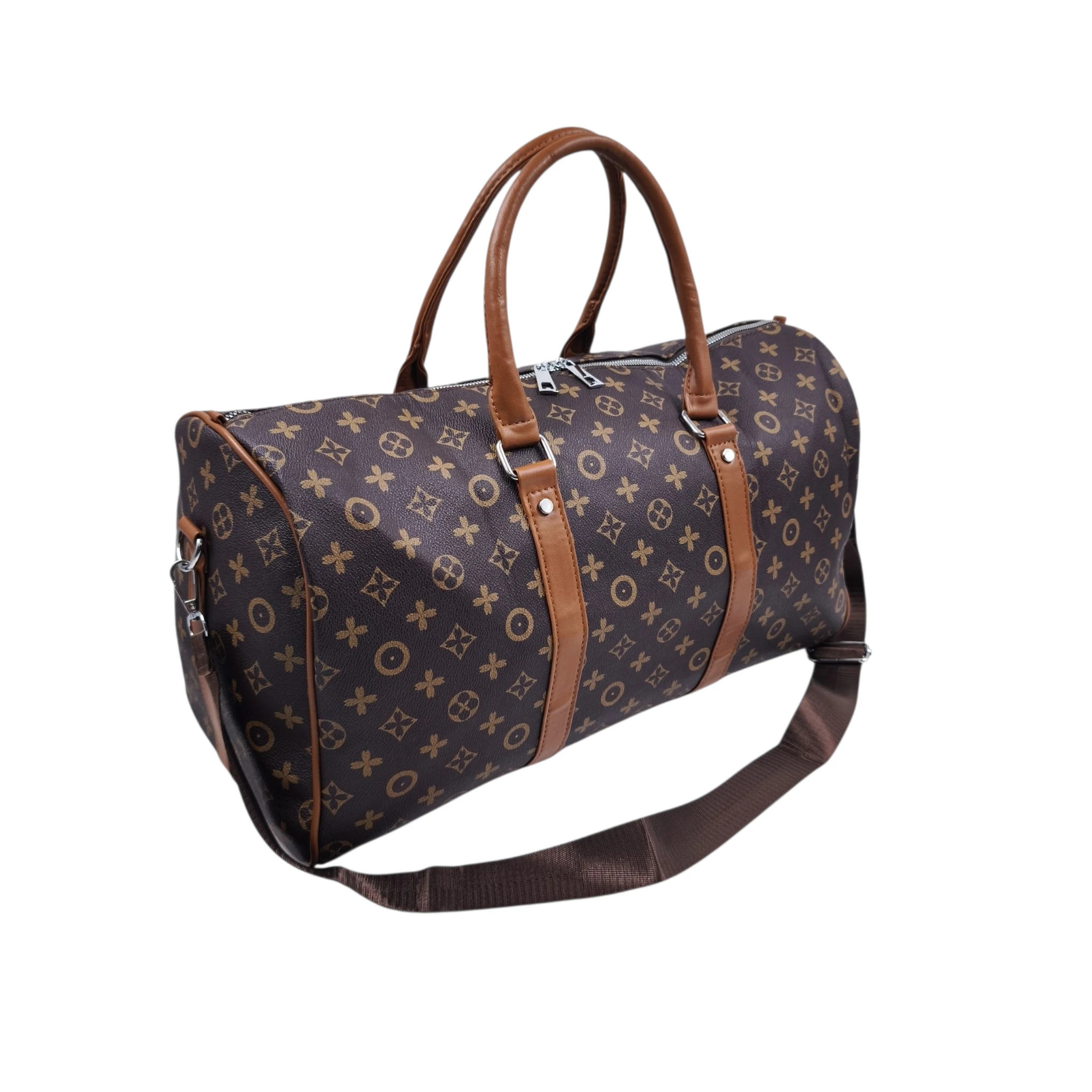 HB-4187-1 Portofino Grande: Weekend bag με κλασικό print, λαβές από τεχνόδερμα και ρυθμιζόμενο λουρί ώμου, Καφέ - HB-4187 - Image 1